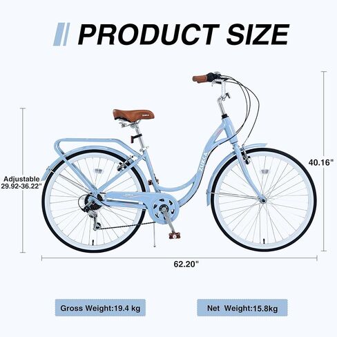 ZUKKA Beach Cruiser Bike for Women 24/26 Inch Ladies Bike 7 Speed Complete Cruiser Bikes with Dual V-Brake and Adjustable Seat, Adult City Bike for Women, Men, Multiple Colors in Kuwait