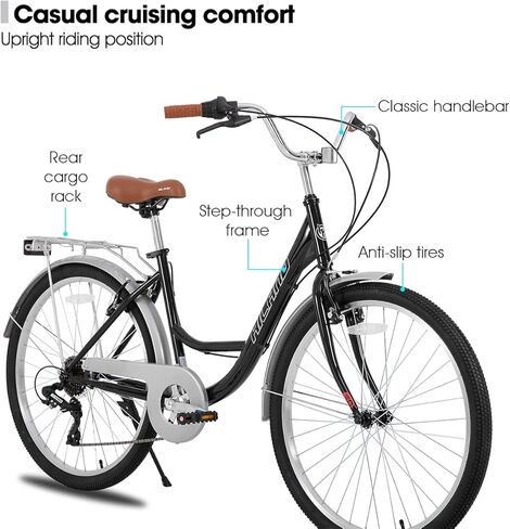 هيلاند 26 بوصة دراجة طراد شاطئية كاملة للبالغين ، و 7 سرعات خطوة من إطار الدراجة النسائية مع رف خلفي ، Retrospec الدراجات ركاب الدراجات للرجال للرجال in Kuwait