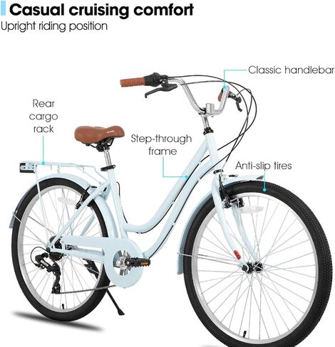 هيلاند 26 بوصة دراجة شاطئية طراد للرجال والنساء ، 7 سرعات تدرج الدراجات البالغة مع رف خلفي ، Retrospec الدراجات ركوب الدراجات مدينة in Kuwait