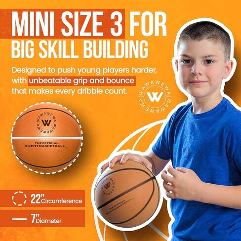 The Official Silent Basketball Mini (Size 3) – NOT Compressed Indoor Mini Basketball for Quiet Bounce – Ready to Play Grooved Airless Ball for 4+ Players – Foam Basketballs for Practice (22") in Kuwait
