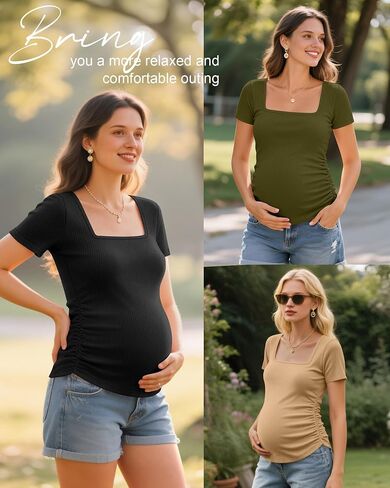 Huukeay 3 Pack Women's Maternity Shirt Ribbed Short Sleeve Pregnancy Top Cotton Square Neck Side Ruched Casual Mama Clothes in Saudi Arabia