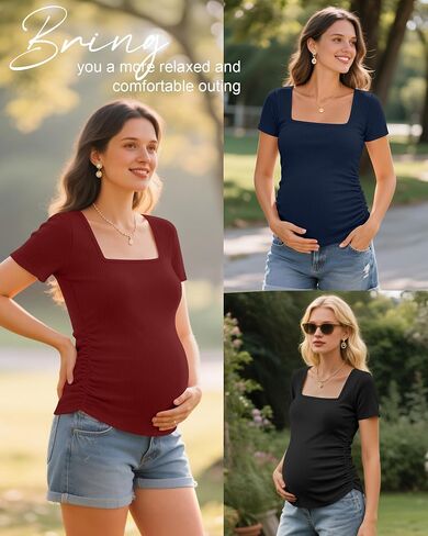 Huukeay 3 Pack Women's Maternity Shirt Ribbed Short Sleeve Pregnancy Top Cotton Square Neck Side Ruched Casual Mama Clothes in Saudi Arabia