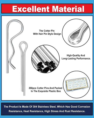 260 PCS Cotter Pins Kit - 16 أحجام دبابيس أجهزة مجموعة 304 مقاطع من الفولاذ المقاوم للصدأ دبوس دبابيس صغيرة تستخدم للسيارات ، عقبة مقطورة ، جزازة العشب in Kuwait
