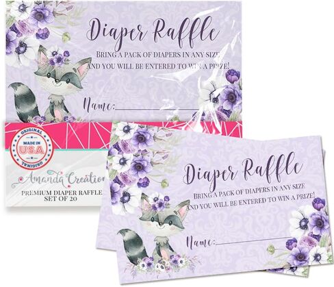 Amanda Creation Little Rascal Cute Raccoon Diaper Raffle Tickets for Baby Girl Showers, 20 2" X 3" Double Sided Insert Cards for Games, Bring a Pack of Diapers to Win Favors & Prizes! in Saudi Arabia