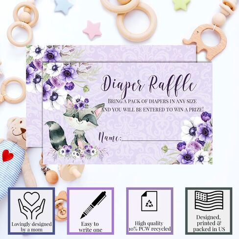 Amanda Creation Little Rascal Cute Raccoon Diaper Raffle Tickets for Baby Girl Showers, 20 2" X 3" Double Sided Insert Cards for Games, Bring a Pack of Diapers to Win Favors & Prizes! in Saudi Arabia