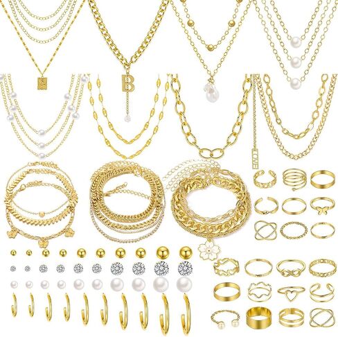 Kosmos-Li 45 PCS مجموعات مجوهرات مطلية بالفضة بأزياء 8 PCS قلادة سلسلة متعددة الطبقة ، وسوار 9 أجهزة كمبيوتر ، و 5 زوج من حلقات المسمار ، و 22 قطعة حلقات مفصل للنساء in Kuwait