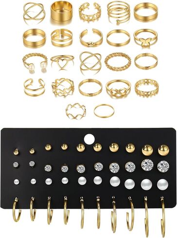 Kosmos-Li 45 PCS مجموعات مجوهرات مطلية بالفضة بأزياء 8 PCS قلادة سلسلة متعددة الطبقة ، وسوار 9 أجهزة كمبيوتر ، و 5 زوج من حلقات المسمار ، و 22 قطعة حلقات مفصل للنساء in Kuwait