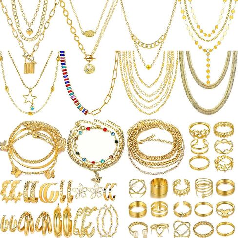 Kosmos-Li 45 PCS مجموعات مجوهرات مطلية بالفضة بأزياء 8 PCS قلادة سلسلة متعددة الطبقة ، وسوار 9 أجهزة كمبيوتر ، و 5 زوج من حلقات المسمار ، و 22 قطعة حلقات مفصل للنساء in Kuwait