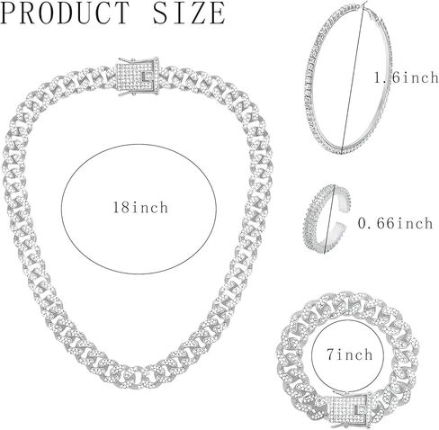 NEWITIN 7 Pieces Silver Jewelry Set for Women Dainty Cubic Zirconia Cuban Link Chain Necklace Bracelet Ring Sparkly Crystal Earrings Cuban Jewelry Set for Women Men in Kuwait