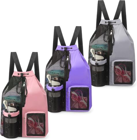 3 Pcs Swim Mesh Beach Bag with Multi Wet Pocket 19 x 11 Inch Waterproof Pool Gym Gear Drawstring Backpack Lightweight and Adjustable Strap Bags for Men Women in Saudi Arabia