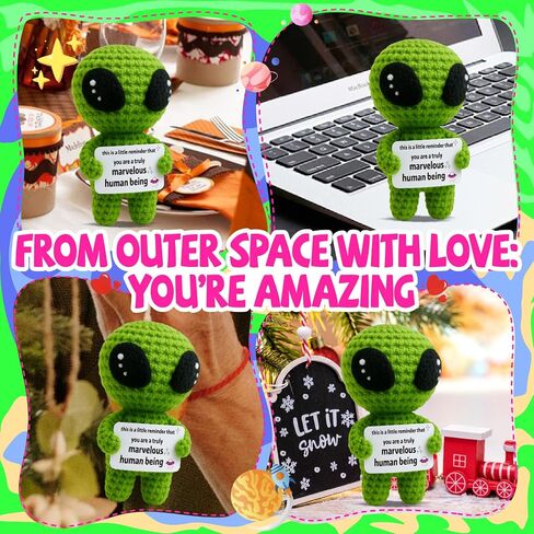 Funny Positive Alien Crochet Plush - Handmade Knitted Alien with Uplifting Message Card - Small Encouragement Gift for Teens, Friends, Coworkers, or Sci-Fi Lovers, Ideal for Birthday, Graduation in Saudi Arabia