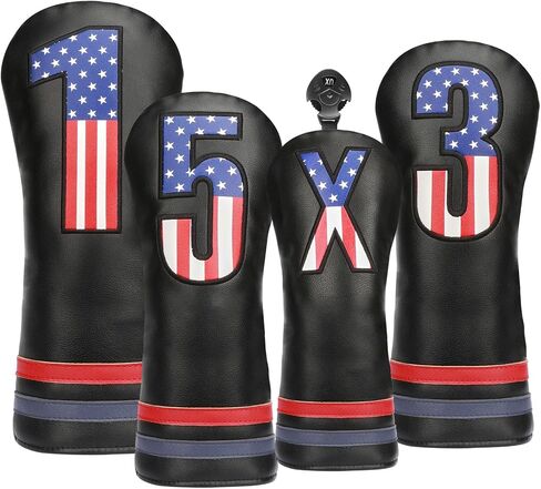 Golf Head Covers, 4pcs or 1pc USA Stars and Stripes Golf Club Covers for Woods and Driver Fairway Hybrid, PU Leather Golf Club Head Covers for Men Women with Interchangeable Tags, Fits Most Golf Clubs in Saudi Arabia
