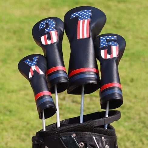 Golf Head Covers, 4pcs or 1pc USA Stars and Stripes Golf Club Covers for Woods and Driver Fairway Hybrid, PU Leather Golf Club Head Covers for Men Women with Interchangeable Tags, Fits Most Golf Clubs in Saudi Arabia