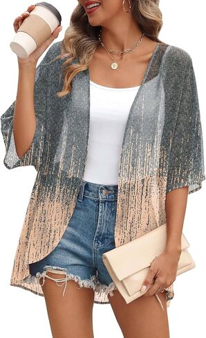OFEEFAN Beach Cover Ups for Women 3/4 Length Sleeve Womens Tops Summer Cardigan Casual Blouses Loose Fit in Saudi Arabia
