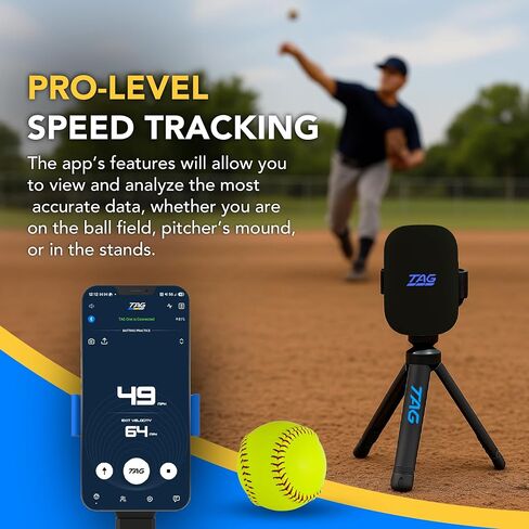 Tag One Sports Radar (نطاق 120 قدمًا)-بندقية سرعة الرادار التي تعمل بنظام الذكاء الاصطناعى مع ردود فعل تدريب في الوقت الفعلي-جهاز تدريب على سرعة Bluetooth للبيسبول والكرة اللينة والغولف مع تكامل التطبيق in Saudi Arabia