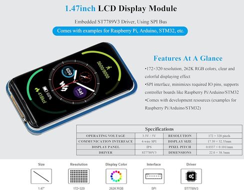 1.47inch LCD Display Module, Rounded Corners, 172x320 Resolution, 262K RGB Colors, SPI Interface, IPS Display Compatible with Raspberry Pi 5/ 4B/3B+/3B/2B/A+/Zero W/WH/Zero 2 W/ Pico/Pico 2W, etc. in Saudi Arabia
