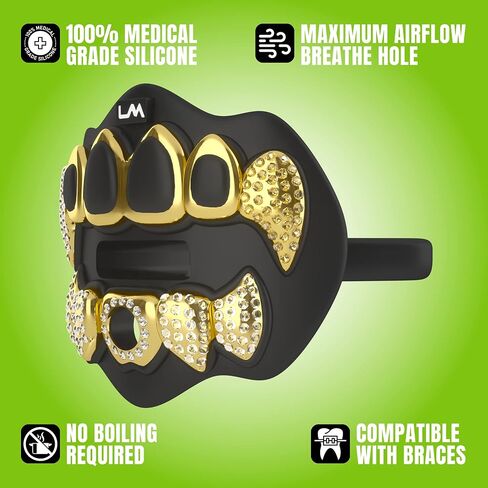 Loudmouth Football Mouth Guard - 3D Chrome Grillz Football Fouthpeace ، يناسب البالغين والشباب ، إكسسوارات حارس الفم (ثلاثية الأبعاد بلينغ - Chrome Black/Gold) in Kuwait