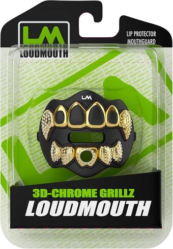 Loudmouth Football Mouth Guard - 3D Chrome Grillz Football Fouthpeace ، يناسب البالغين والشباب ، إكسسوارات حارس الفم (ثلاثية الأبعاد بلينغ - Chrome Black/Gold) in Kuwait