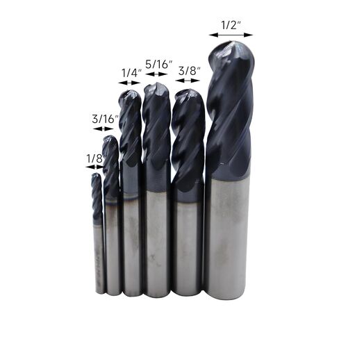 6pcs1/8in ، 3/16in ، 1/4in ، 5/16in ، 3/8in ، 1/2 بوصة طواحن نهاية أنف كربيد الصلبة ، 4 الفلوت ، الحلزون 30 درجة ، بتات CNC المغلفة ببت متوسطة الصلابة ، النحاس ، الحديد in Kuwait