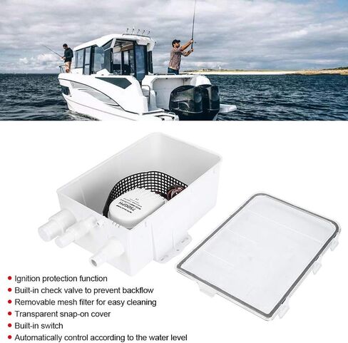 Marine Shower Pump, 12V 750GPH Boat RV Multi Port Drain System Built in Switch, Transparent Cover, Check Valve Ignition Protection for Easy Operation in Saudi Arabia