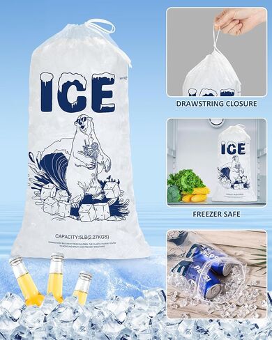 5lb Ice Bags with Drawstring – 50 Pack Reusable Heavy-Duty Plastic Ice Cube Bags for Freezer, Ice Maker, Coolers, Camping, Storage, Leak-Resistant & Food Safe in Kuwait