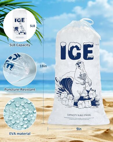 5lb Ice Bags with Drawstring – 50 Pack Reusable Heavy-Duty Plastic Ice Cube Bags for Freezer, Ice Maker, Coolers, Camping, Storage, Leak-Resistant & Food Safe in Kuwait