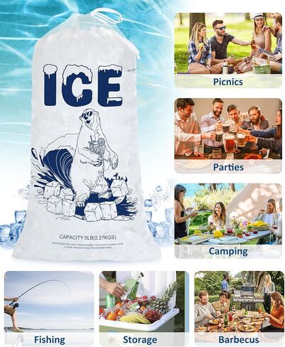 5lb Ice Bags with Drawstring – 50 Pack Reusable Heavy-Duty Plastic Ice Cube Bags for Freezer, Ice Maker, Coolers, Camping, Storage, Leak-Resistant & Food Safe in Kuwait