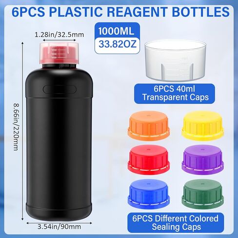 Honeydak 6 PCS Black Darkroom Storage Storage Bottles مجموعات 1000 مل من زجاجات الكاشف البلاستيكي حاويات عينة واسعة من الحاويات مع ستة ألوان أغطية ختم للفصول الدراسية تخزين المنزل in Saudi Arabia