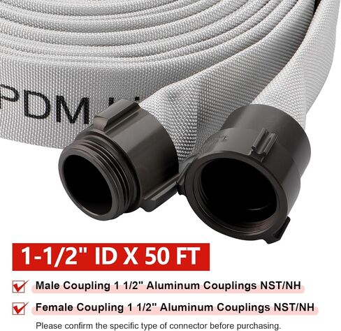 Fire Hose,1-1/2" ID X 100 FT, Single Jacket EPDM Lined, 750 PSI Burst Pressure, Industrial Fire Hose with M × F NST/NH Aluminum Couplings in Saudi Arabia