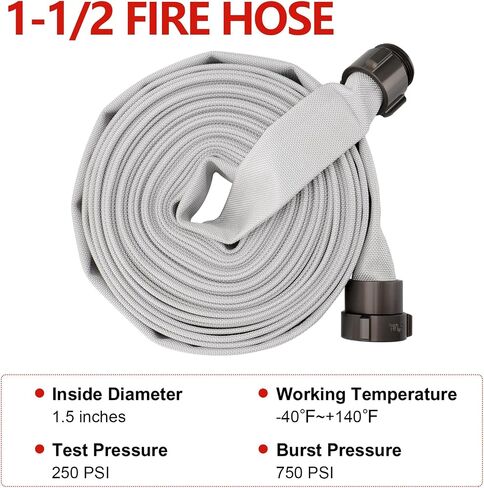 Fire Hose,1-1/2" ID X 100 FT, Single Jacket EPDM Lined, 750 PSI Burst Pressure, Industrial Fire Hose with M × F NST/NH Aluminum Couplings in Saudi Arabia