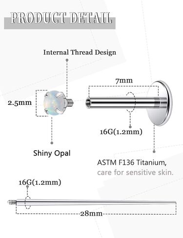20G 18G 16G داخليًا متمة ASTM F136 Titanium Nose Ring Buds Flat Back Strings G23 Titanium Tragus Helix Conch Cartilage أقراط مثقرة للمجوهرات للنساء الرجال أوبال 2-3 ملم in Saudi Arabia