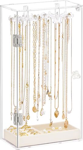 Necklace Holder Organizer, Acrylic Jewelry Organizer, Rotating Clear Necklaces Display Box with Built-in Mirror, Dust-proof Jewelry Storage Case with Velvet Tray, Great Gift for Women Girls in Saudi Arabia