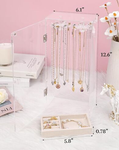 Necklace Holder Organizer, Acrylic Jewelry Organizer, Rotating Clear Necklaces Display Box with Built-in Mirror, Dust-proof Jewelry Storage Case with Velvet Tray, Great Gift for Women Girls in Saudi Arabia