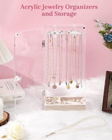 Necklace Holder Organizer, Acrylic Jewelry Organizer, Rotating Clear Necklaces Display Box with Built-in Mirror, Dust-proof Jewelry Storage Case with Velvet Tray, Great Gift for Women Girls in Saudi Arabia