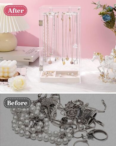 Necklace Holder Organizer, Acrylic Jewelry Organizer, Rotating Clear Necklaces Display Box with Built-in Mirror, Dust-proof Jewelry Storage Case with Velvet Tray, Great Gift for Women Girls in Saudi Arabia