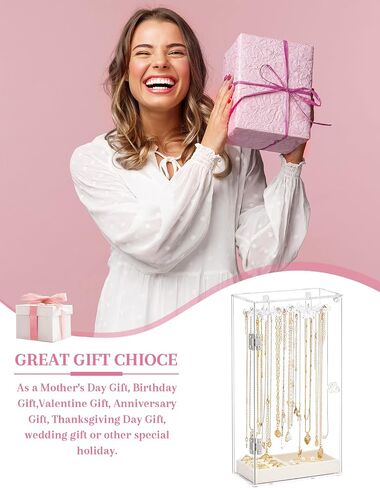 Necklace Holder Organizer, Acrylic Jewelry Organizer, Rotating Clear Necklaces Display Box with Built-in Mirror, Dust-proof Jewelry Storage Case with Velvet Tray, Great Gift for Women Girls in Saudi Arabia