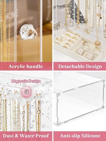 Necklace Holder Organizer, Acrylic Jewelry Organizer, Rotating Clear Necklaces Display Box with Built-in Mirror, Dust-proof Jewelry Storage Case with Velvet Tray, Great Gift for Women Girls in Saudi Arabia