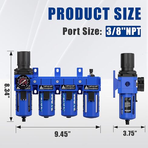 3/8 "NPT Compressed Filter Filter Lrgulator Combo ، فاصل مياه زيت ضاغط الهواء ، خرطوشة النحاس مع جفاف مزدوج-مقياس (0-150 رطل) ، وعاء بولي ، تصريف نصف التوت ، قوس in Kuwait