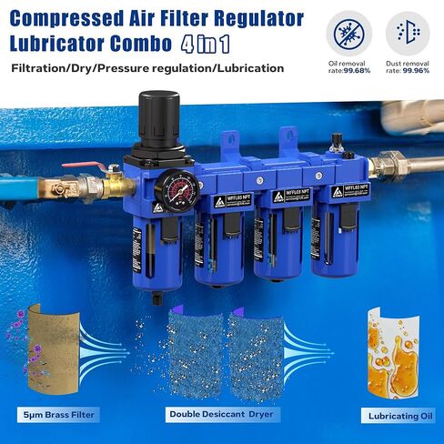 3/8 "NPT Compressed Filter Filter Lrgulator Combo ، فاصل مياه زيت ضاغط الهواء ، خرطوشة النحاس مع جفاف مزدوج-مقياس (0-150 رطل) ، وعاء بولي ، تصريف نصف التوت ، قوس in Kuwait