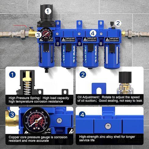 3/8 "NPT Compressed Filter Filter Lrgulator Combo ، فاصل مياه زيت ضاغط الهواء ، خرطوشة النحاس مع جفاف مزدوج-مقياس (0-150 رطل) ، وعاء بولي ، تصريف نصف التوت ، قوس in Kuwait