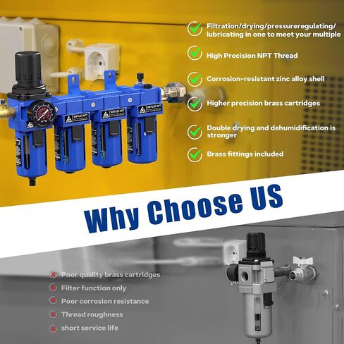 3/8 "NPT Compressed Filter Filter Lrgulator Combo ، فاصل مياه زيت ضاغط الهواء ، خرطوشة النحاس مع جفاف مزدوج-مقياس (0-150 رطل) ، وعاء بولي ، تصريف نصف التوت ، قوس in Kuwait