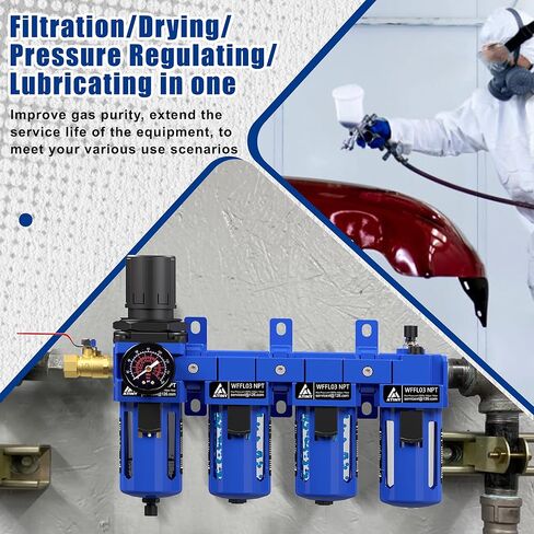 3/8 "NPT Compressed Filter Filter Lrgulator Combo ، فاصل مياه زيت ضاغط الهواء ، خرطوشة النحاس مع جفاف مزدوج-مقياس (0-150 رطل) ، وعاء بولي ، تصريف نصف التوت ، قوس in Kuwait