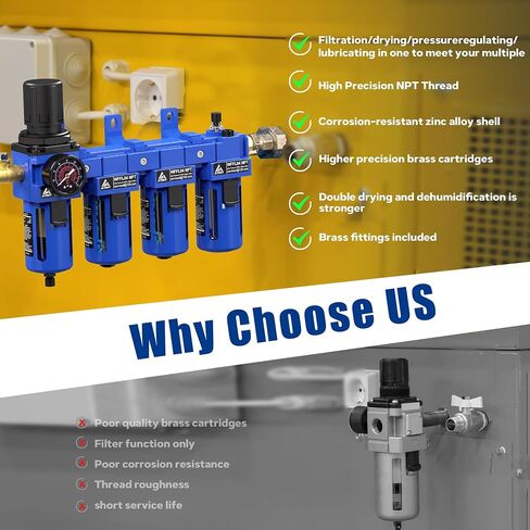 3/8 "NPT Compressed Filter Filter Lrgulator Combo ، فاصل مياه زيت ضاغط الهواء ، خرطوشة النحاس مع جفاف مزدوج-مقياس (0-150 رطل) ، وعاء بولي ، تصريف نصف التوت ، قوس in Kuwait