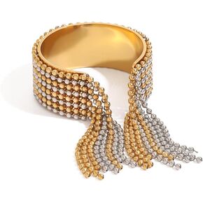 Wide Fashion Beaded Tassel Ring for Women Titanium Steel Gold Plated Round Small Ball Charms Open Wrap Finger Rings Adjustable Geometric Y2K Jewelry Gift for Holiday Wedding in Kuwait