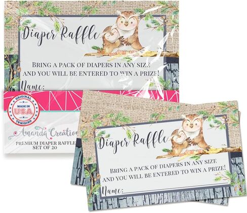 Amanda Creation “Guess Whooo" Owl Diaper Raffle Tickets for Baby Boy Showers, 20 2" X 3" Double Sided Insert Cards for Games, Bring a Pack of Diapers to Win Favors & Prizes! in Saudi Arabia