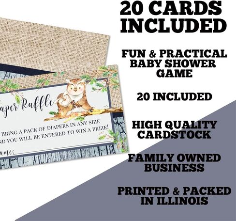 Amanda Creation “Guess Whooo" Owl Diaper Raffle Tickets for Baby Boy Showers, 20 2" X 3" Double Sided Insert Cards for Games, Bring a Pack of Diapers to Win Favors & Prizes! in Saudi Arabia