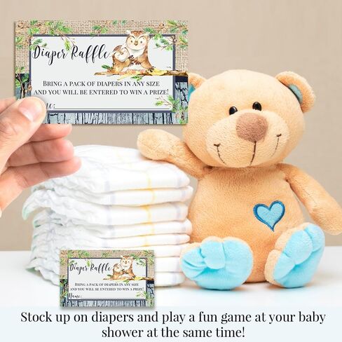 Amanda Creation “Guess Whooo" Owl Diaper Raffle Tickets for Baby Boy Showers, 20 2" X 3" Double Sided Insert Cards for Games, Bring a Pack of Diapers to Win Favors & Prizes! in Saudi Arabia