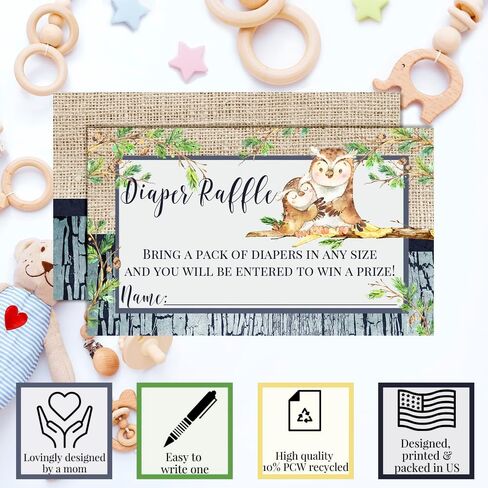 Amanda Creation “Guess Whooo" Owl Diaper Raffle Tickets for Baby Boy Showers, 20 2" X 3" Double Sided Insert Cards for Games, Bring a Pack of Diapers to Win Favors & Prizes! in Saudi Arabia