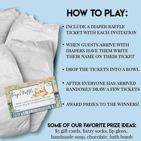 Amanda Creation “Guess Whooo" Owl Diaper Raffle Tickets for Baby Boy Showers, 20 2" X 3" Double Sided Insert Cards for Games, Bring a Pack of Diapers to Win Favors & Prizes! in Saudi Arabia