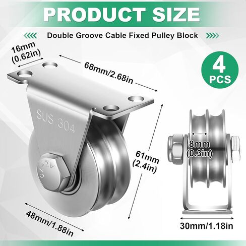 4 Pack Double Groove Cable Fixed Pulley Block Wheel Pulley Heavy Duty Double 304 Stainless Steel Silent Block Bearing Inside, Good for Lifting System in Saudi Arabia